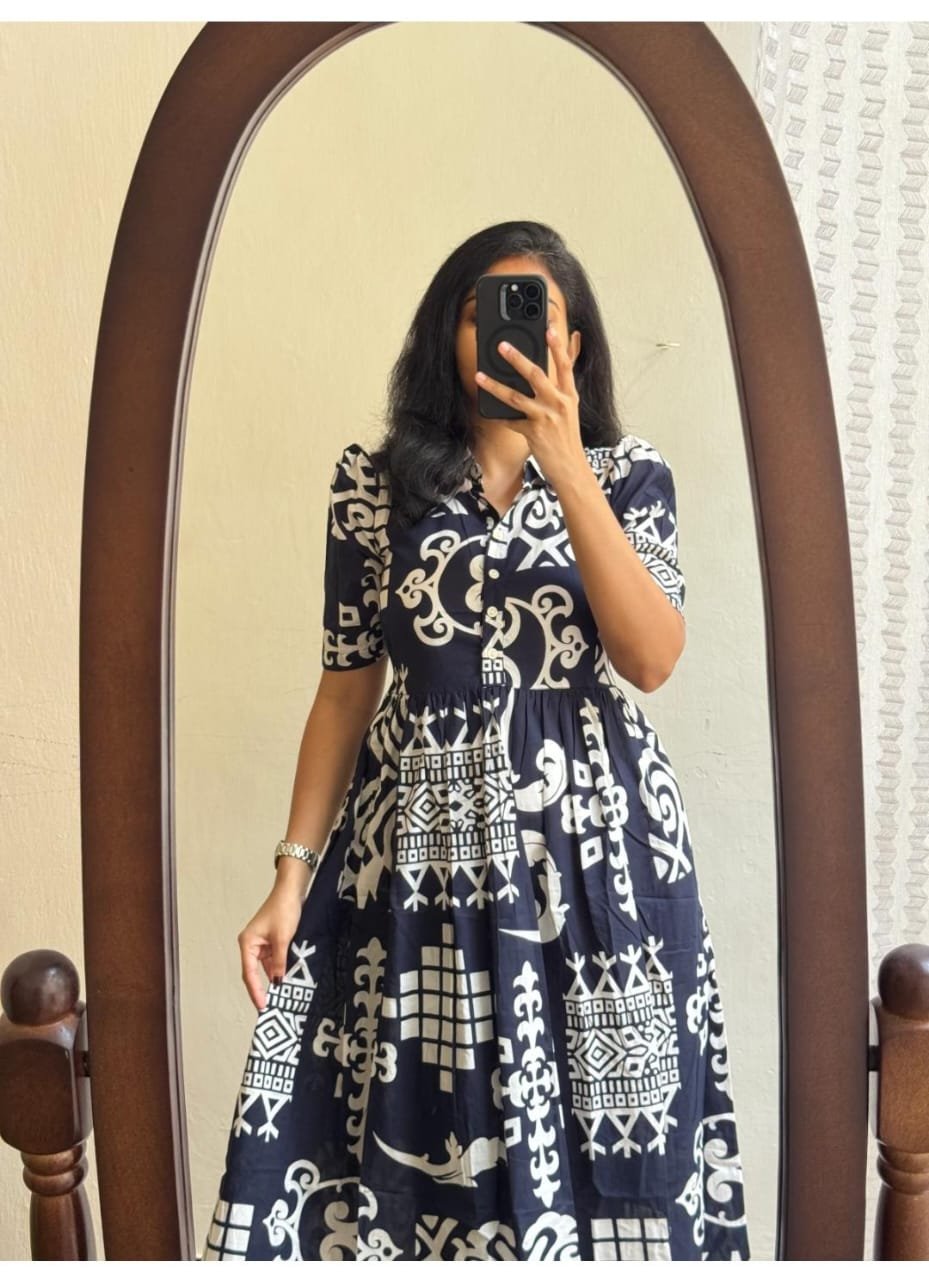 Navy Blue Printed Cotton Midi Gown Dress